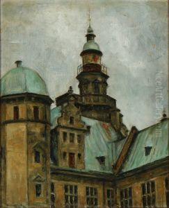 The lighthouse at Kronborg, Elsinore, seen from the courtyard. by Svend Hammershoi