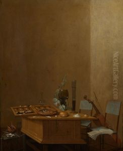 Still life with tric-trac game on a wooden table, chairs and a cello to the right