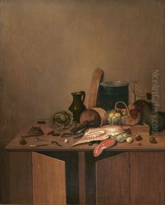 Kitchen still life with meat, fish and vegetables by Gerrit Van Vucht