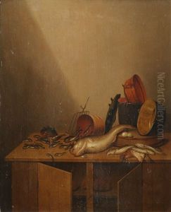 Still life with fish, eggs, bread and pans by Gerrit Van Vucht
