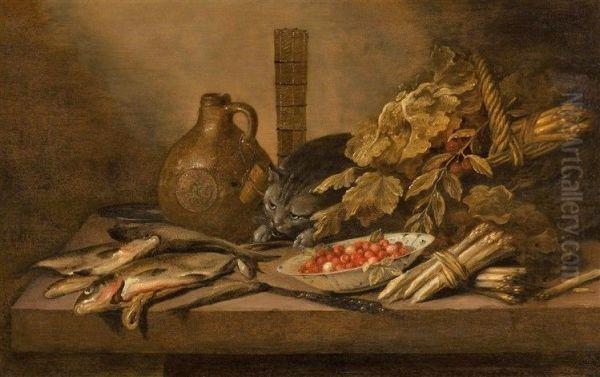Still life with cat, fish, asparagus, a bowl of strawberries, and a stone jar on a table - view 1