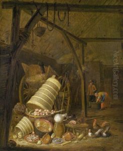 Barn interior with an array of barrels and pots