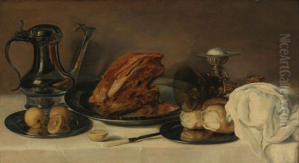 Still life with a pewter jug, a ham on a pewter plate, lemons, bread, a gilt mounted roemer and other objects on a table - view 1