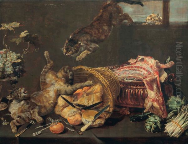 Cats fighting in a larder, with loaves of bread, a dressed lamb, artichokes and grapes - view 1