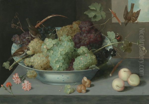Still life with bunches of grapes in a porcelain bowl, three sparrows, and a butterfly, wirt peaches and snails on a stone ledge below - view 1