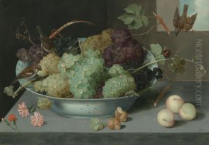 Still life with bunches of grapes in a porcelain bowl, three sparrows, and a butterfly, wirt peaches and snails on a stone ledge below