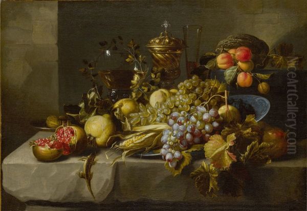 Still life of grapes, pomegranates, walnuts, peaches, an ear of corn, various drinking vessels, and a lizard, all on a stone ledge - view 1