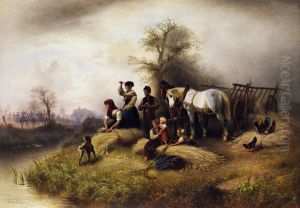 Bauernfamilie bei der Kornernte beobachtet einen Zug der Kavallerie. by Wilhelm Alexander Meyerheim