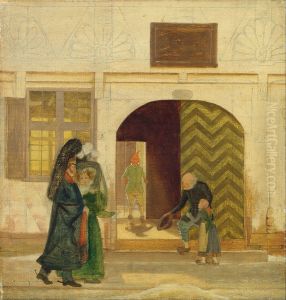 Outside the Odense poorhouse. by Wilhelm Bendz