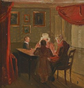 Interior with women and children around a table. by Wilhelm Bendz