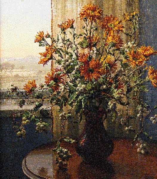 Flowers in a Vase on a Table with a View to a winter Landscape beyond. - view 1