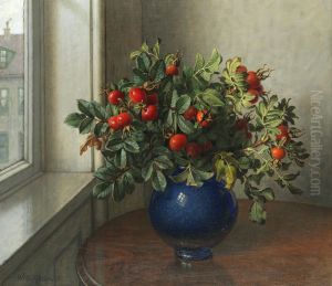 Still life of rosehips in a blue vase by a window. by Wilhelm Andersen