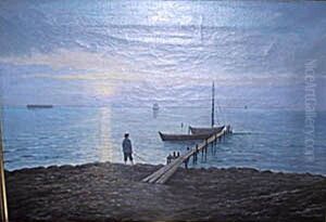 Coastal view with a fisherman. by Wilhelm Ferdinand Leisner