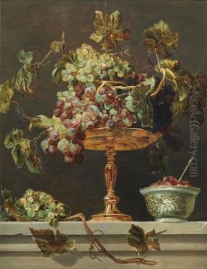 Still life with tazza of grapes with a bowl of wild strawberries on a stone ledge by Frans Snyders