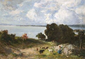 Weidevieh mit Magd am Bodensee