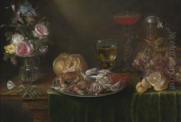 Still life with a vase with flowers, a pewter plate with crabs and shrimp, wine glasses, a pitcher, grapes and a lemon - view 1