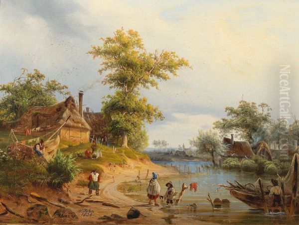 Idyllic Scene with Fishermen by a River - view 1