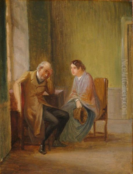 Interior with a sad old man and a young woman listening. - view 1