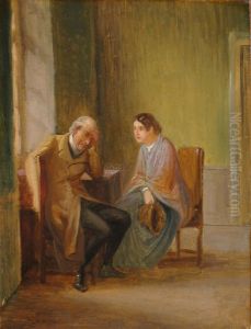 Interior with a sad old man and a young woman listening. by Wilhelm Marstrand