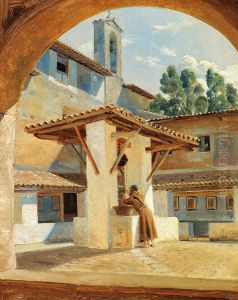 A monk getting water from a well in a monastery in Subiaco. by Wilhelm Marstrand