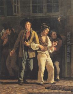 Drunkards leaving a cellar bar.