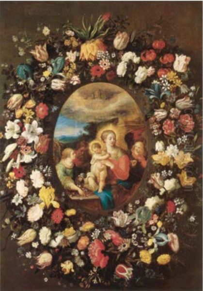 Garland of Flowers around an Image of the Holy Family and Angels - view 1