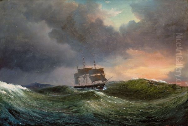 A frigate in rough weather at sunset. - view 1
