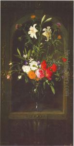 Flowers in a glass vase in a decorated niche