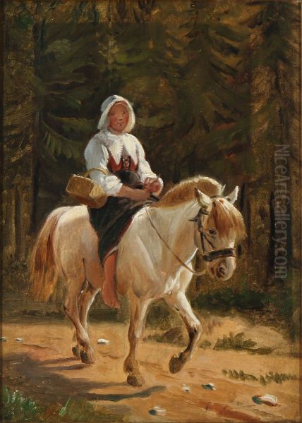 Forest scene with a peasant girl on horseback - view 1