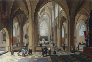 The interior of a gothic cathedral, with elegant figures conversing and a priest taking mass