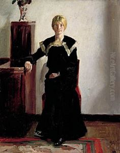 Interior from the artist's home. A young woman in a black dress is being portrayed. by Michael Peter Ancher