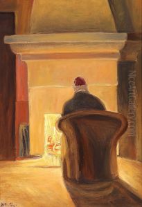 Holger Drachmann at the fireplace, Skagen. by Michael Peter Ancher