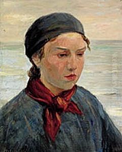 Fisher girl with a red scarf around her neck.
