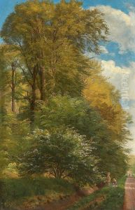 A gravel road near Liselund with two children picking flowers. by Carl Frederik Aagaard