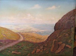 Landscape with a view to a small harbour. by Aage Giodesen