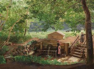 Two farm girls fetch water at a well in the woods. by Carl Frederik Aagaard