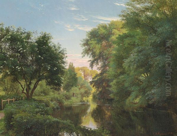 Two people fishing at a river in the woods. - view 1