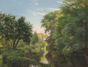 Two people fishing at a river in the woods. by Carl Frederik Aagaard