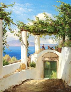 The bay of Naples with two Italians conversing in a loggia. by Carl Frederik Aagaard