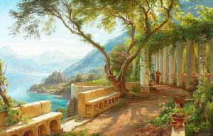 A monk and a novice at an Italian loggia, with an inlet and some mountains in the background.
