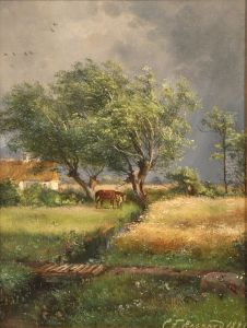 Landscape with farm and horses. Landscape with farm and horses.