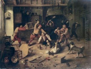 Peasants brawling in a tavern interior.