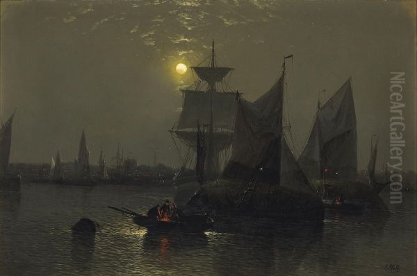 Sailing vessels in a moonlit harbor with fishermen and their boats in the foreground - view 1