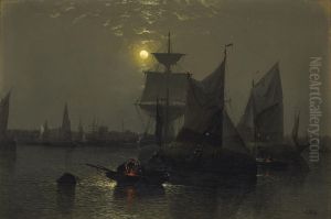 Sailing vessels in a moonlit harbor with fishermen and their boats in the foreground by Abraham Hulk Senior