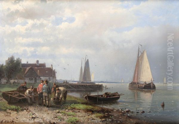 Coastal scene with fishing boats and fishermen on the shore - view 1