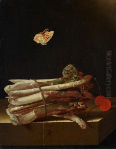 Still life with asparagus, cherries and a butterfly by Adriaen Coorte