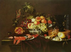 Shellfish, oyster, bowl of fruit and a berkemeyer