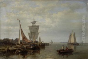 Fishing boats approaching a shore in a calm by Abraham Hulk Senior
