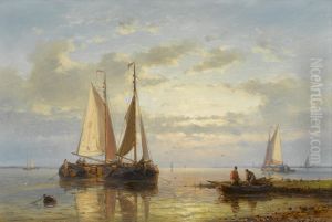 Fishing boats anchored in the shallows at dusk