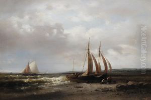 Coastal scene with fisherfolk tending their boat on the shore by Abraham Hulk Senior